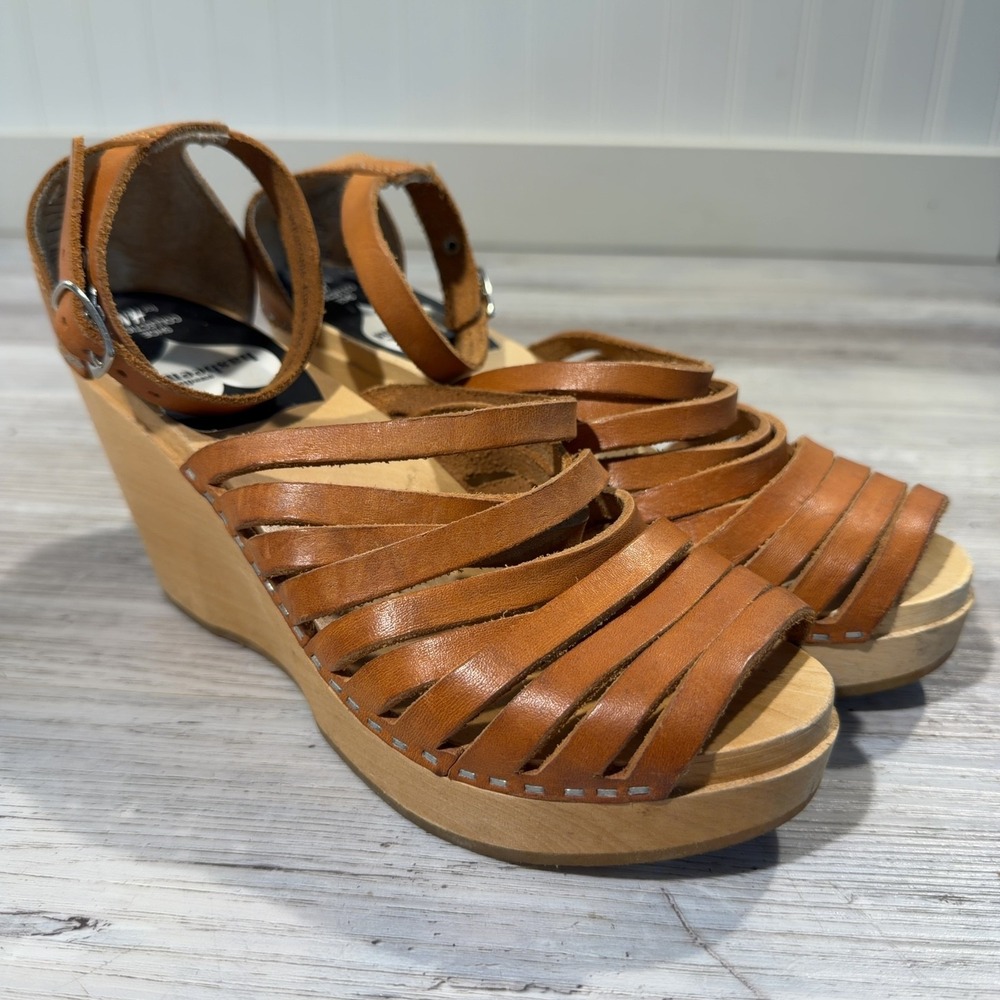 Swedish Hasbeens Leather Sandals Strappy Women's Size 5 /36 Wedge Platform Shoes